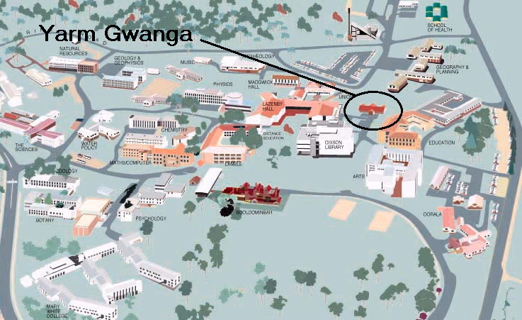 Map of the University of New England, showing the location of Yarm Gwanga Childcare Centre