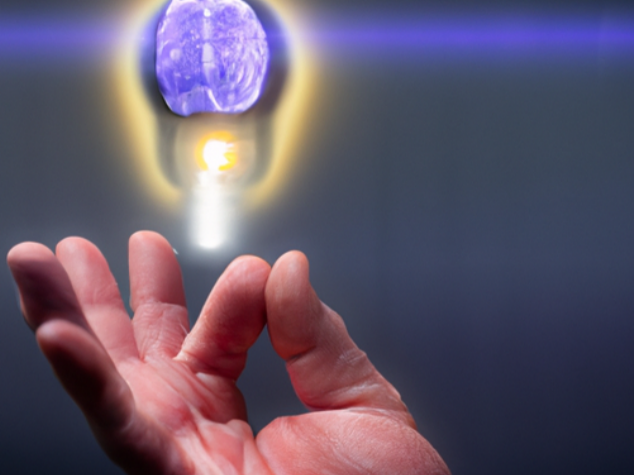 AI-generated image of a hand with pointer finger and thumb touching. Above the hand is a what appears to be a brain in a lightbulb. The hand has six fingers.