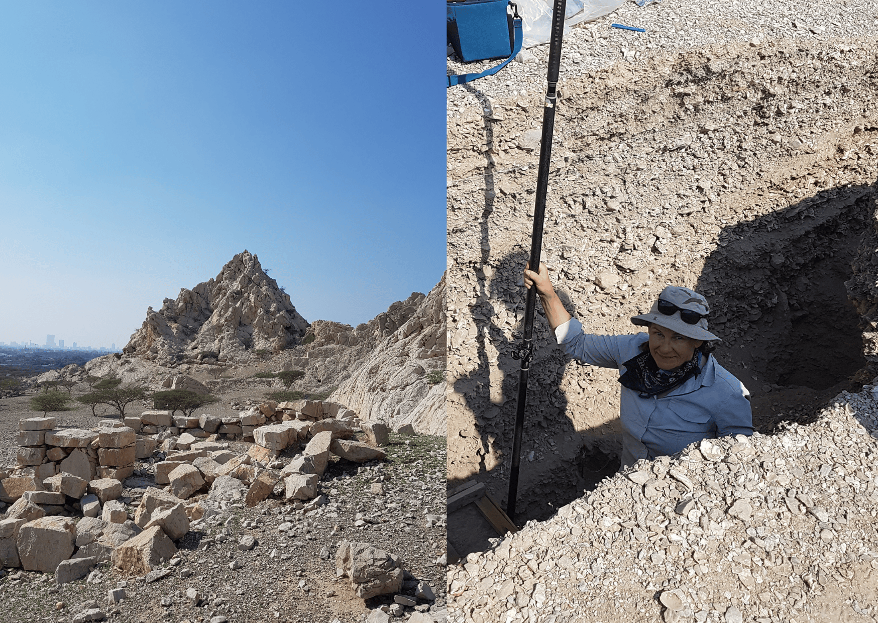 The Shimal site - a flat arid iece of land with rocky mountain in the background and an archaeologist standing in a freshly dug trench.