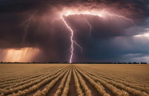 Lighting storm striking a drought-striken field. 